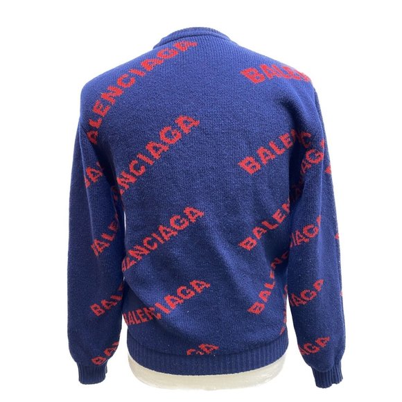 100% Authentic Balenciaga Allover Logo Sweater in Blue & Red Size Small - Picture 2 of 9